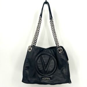 VALENTINO BY MARIO VALENTINO Black Leather & Silver Hardware Shoulder Bag